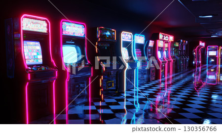 Arcade machine with neon light in dark room with checkered floor reflecting colorful glow creating vibrant atmosphere 130356766