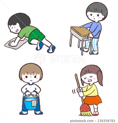 一組孩子不情願地打掃的插圖 一組孩子不情願地打掃的插圖 130356783
