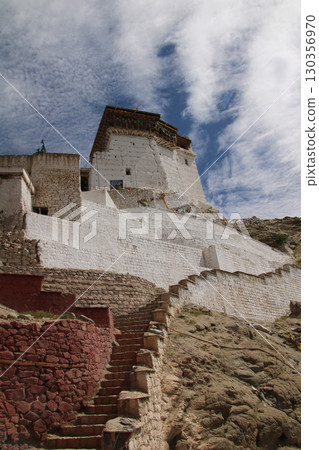 Tsemo Castle enthroned above Leh, India. 130356970