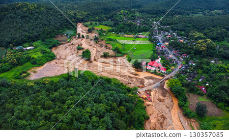 Aerial View of Flooded Farmland and Village Landscape 130357085