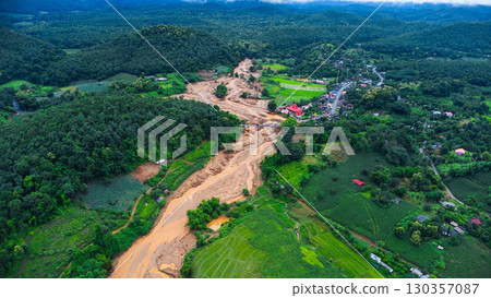 Aerial View of Flooded Farmland and Village Landscape Aerial View of Flooded Farmland and Village Landscape 130357087