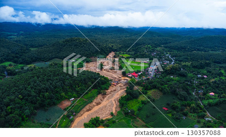 Aerial View of Flooded Farmland and Village Landscape 130357088