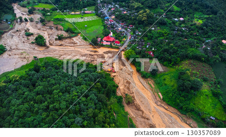 Aerial View of Flooded Farmland and Village Landscape 130357089