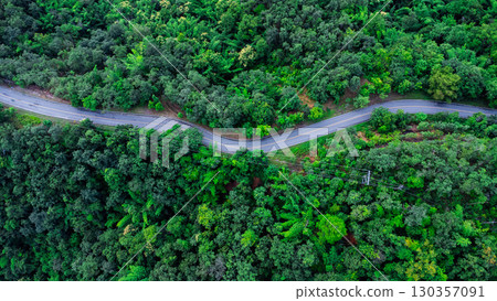 Aerial View of Winding Mountain Road in Green Forest 130357091