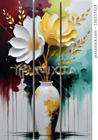A triptych featuring large, textured flowers with white petals and a yellow center, against a backdrop of abstract, splattered colors in red, yellow, and teal. 130357323