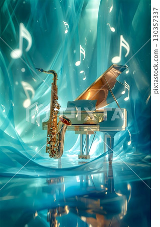 A saxophone and a grand piano are set against a vibrant, abstract backdrop. The saxophone stands upright, gleaming in gold, while the piano is partially visible, emphasizing its polished keys and wood 130357337