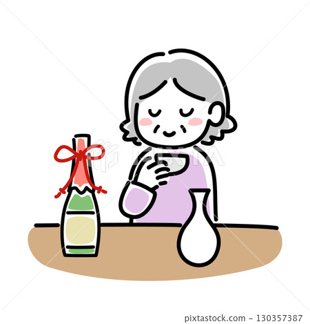 一位老年婦女飲酒的向量插圖 130357387