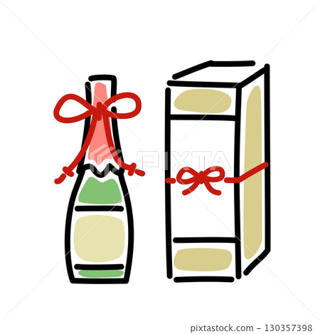 Vector illustration of a liquor bottle and gift box with a bow 130357398