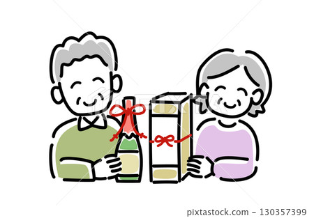 一對老年夫婦接受清酒作為慶祝的向量插圖 130357399