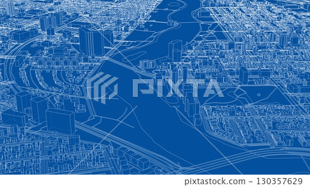 Detailed City Blueprint with River 130357629