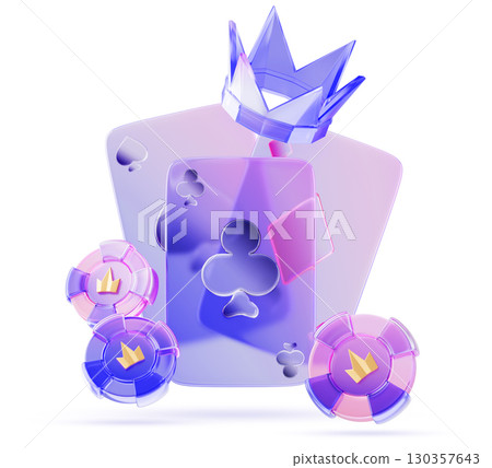 Holographic glass morphism playing cards, neon poker game chips and crystal crown. Casino gambling, bet ace with tokens for blackjack or baccarat with purple pink gradient on white bg. 3D illustration Holographic glass morphism playing cards, neon poker game chips and crystal crown. Casino gambling, bet ace with tokens for blackjack or baccarat with purple pink gradient on white bg. 3D illustration 130357643
