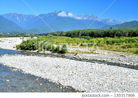 Kannon Bridge / Upstream from the Takase River / View of Mount Jigatake, Mount Kashimayari, and Mount Goryu (Omachi City, Nagano Prefecture) [September 2025] 130357906
