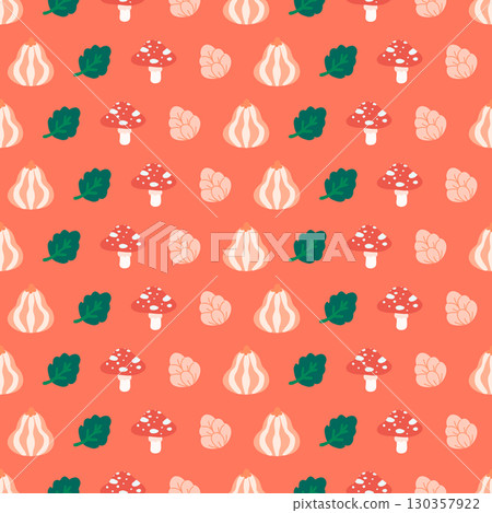 Playful autumn pattern on coral red background with mushrooms, acorns, and leaves. Seamless woodland vector design for fabric, paper, packaging, and kids clothing. Cheerful and seasonal. Playful autumn pattern on coral red background with mushrooms, acorns, and leaves. Seamless woodland vector design for fabric, paper, packaging, and kids clothing. Cheerful and seasonal. 130357922