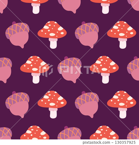 Seamless pattern with spotted red mushrooms and acorns on a purple background. Great for fabric, kids products, autumn crafts, and seasonal packaging. Fun and bold woodland vector design. Seamless pattern with spotted red mushrooms and acorns on a purple background. Great for fabric, kids products, autumn crafts, and seasonal packaging. Fun and bold woodland vector design. 130357925