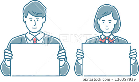 Male and female students holding panels Male and female students holding panels 130357939