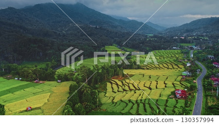 Stunning aerial view vibrant rice paddies in a picturesque valley, flowing through lush forests and rolling hills, highlighting the beauty of Indonesia's agricultural landscapes. Asia rural nature Stunning aerial view vibrant rice paddies in a picturesque valley, flowing through lush forests and rolling hills, highlighting the beauty of Indonesia's agricultural landscapes. Asia rural nature 130357994