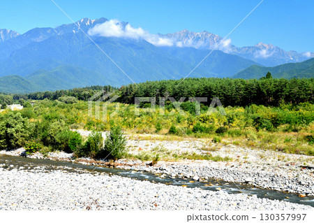 Kannon Bridge / Upstream from the Takase River / View of Mount Jigatake, Mount Kashimayari, and Mount Goryu (Omachi City, Nagano Prefecture) [September 2025] 130357997