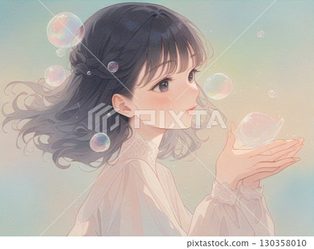 10幅女孩和泡泡的水彩插圖 130358010