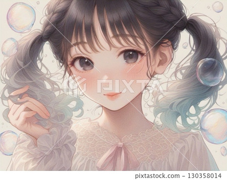 一個女孩和氣泡的水彩插圖 7 130358014