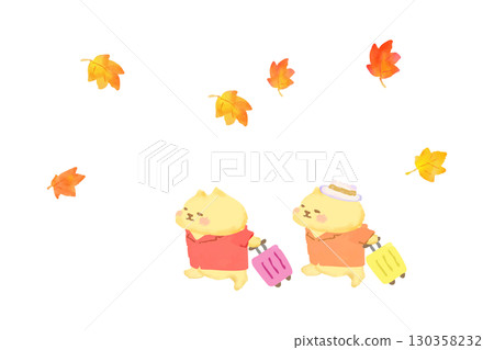 Autumn: Cute cat going on a trip. Watercolor illustration. 130358232