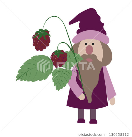 Cute gnome with a raspberry branch on his shoulder. Vector illustration isolated on white background. Cute gnome with a raspberry branch on his shoulder. Vector illustration isolated on white background. 130358312
