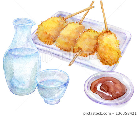 Watercolor illustration: Cold sake and kushikatsu Watercolor illustration: Cold sake and kushikatsu 130358421
