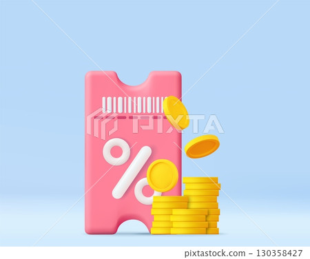 3d Coupon with Percent Symbol and Coins. 130358427