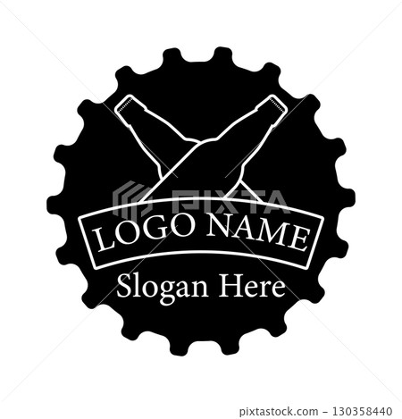 Beer bottle logo design on big beer cap background. Two crossed beer bottles. Black and white silhouette. Isolated vector illustration. 130358440