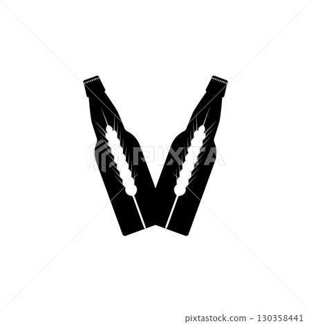 Beer bottles silhouette and wheat ears inside. Isolated vector illustration on white background. 130358441