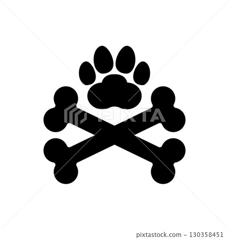 Two dog crossbones and paw print. Crossed bones icon and logo design. Silhouette. Isolated vector illustration on white background. Two dog crossbones and paw print. Crossed bones icon and logo design. Silhouette. Isolated vector illustration on white background. 130358451