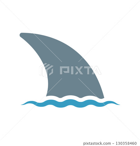 Fish fin icon with water wave. Shark or dolphin fin. Isolated vector illustration on white background. Fish fin icon with water wave. Shark or dolphin fin. Isolated vector illustration on white background. 130358460