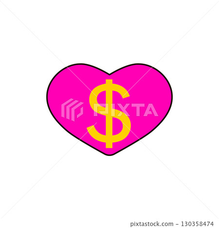 Pink heart with gold dollar symbol. Vector sign icon illustration. Pink heart with gold dollar symbol. Vector sign icon illustration. 130358474
