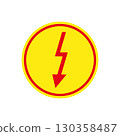 Warning high voltage sign with red lightning symbol and yellow circle in frame. Simple minimal vector illustration on white background. 130358487