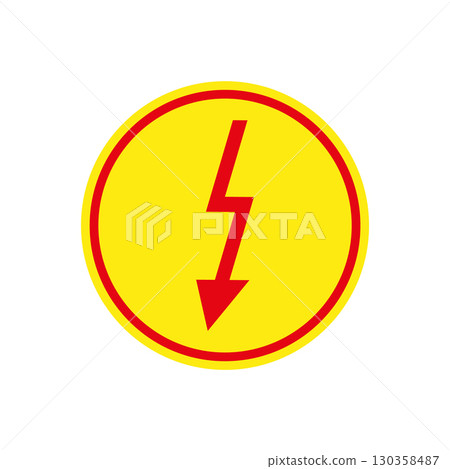 Warning high voltage sign with red lightning symbol and yellow circle in frame. Simple minimal vector illustration on white background. 130358487