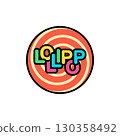 Lollipop text logo with big round candy. Colorful template and design. Vector illustration and drawing. 130358492