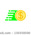 Gold dollar coin and speed symbol. Isolated vector illustration on white background. 130358500
