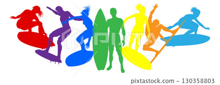 Surfer Surfboard Surfers Male Female Silhouettes Surfer Surfboard Surfers Male Female Silhouettes 130358803