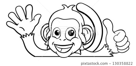 Monkey Cartoon Animal Behind Sign Thumbs Up Waving Monkey Cartoon Animal Behind Sign Thumbs Up Waving 130358822
