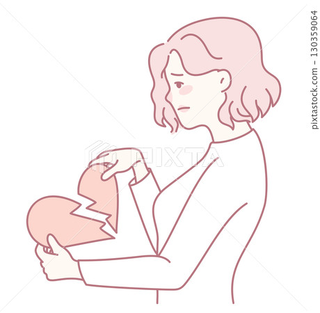 An illustration of a woman holding a broken heart, symbolizing her sadness and heartbreak An illustration of a woman holding a broken heart, symbolizing her sadness and heartbreak 130359064