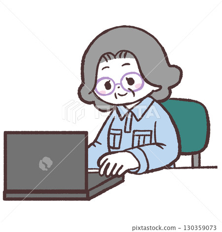 Illustration of a senior woman working on a computer 130359073