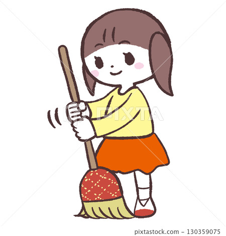 一個女孩拿著掃帚掃地的插圖 130359075