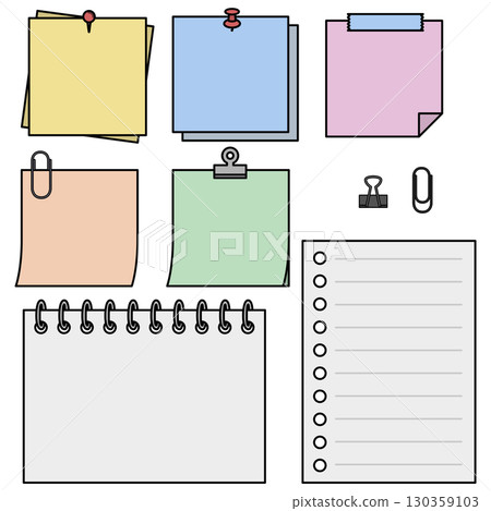 Illustrations of stationery such as sticky notes and notebooks 130359103