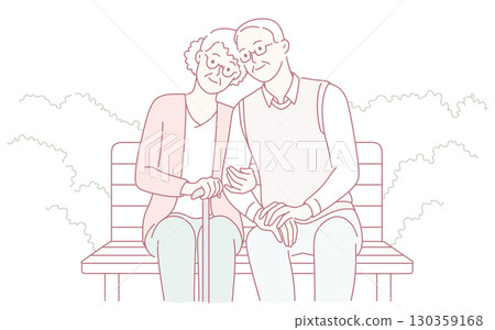 A heartwarming scene of an elderly couple sharing their love and joy on a park bench 130359168