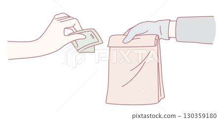 The process of handing over cash transactions with a bag is essential for commerce and business 130359180