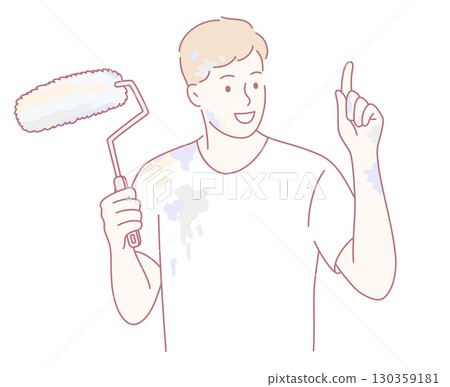 A Happy Painter is excitedly equipped with a Roller, all set for some Home Improvement tasks 130359181
