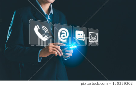 Email communication wireless technology contact us concept. connect us, contact business support team through phone, message, electronic mail using latest digital technology, online communication tool 130359302