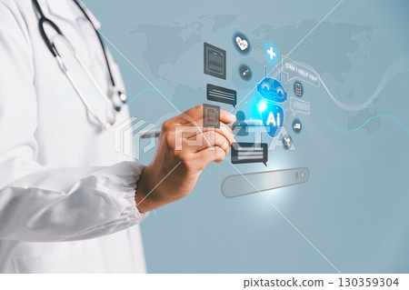 Futuristic concept of smart AI chatbot is healthcare by assisting doctor, supporting medical customer services robotic chat system powered by artificial intelligence in modern health care, medicine. 130359304