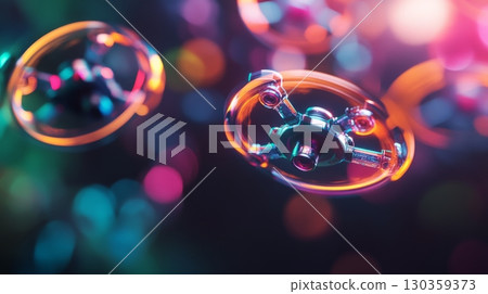 Futuristic and colorful design of hovering spherical objects. These intriguing shapes represent advanced technology and innovation. Explore creativity and imagination. Generative AI 130359373