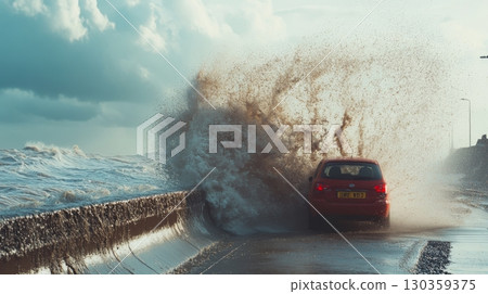 A car drives through splashing waves on a coastal road. The scene captures the drama of nature and the thrill of adventure in a moment. Generative AI 130359375