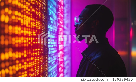 A man contemplates a vibrant display of digital lights and colors. The fusion of technology and emotion creates a captivating scene. The future is bright. Generative AI 130359430